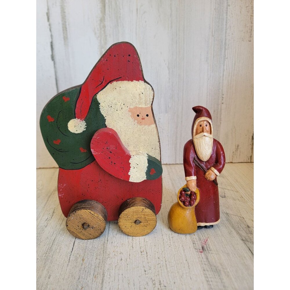 Vintage wooden Santa on Wheels toy bag Xmas unique figure rustic‎ set